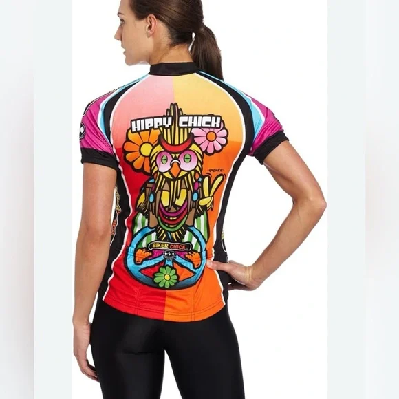 World Jerseys Biker Hippy Chick Zip Up Short Sleeve Active Top Groovy Size M - Picture 2 of 16